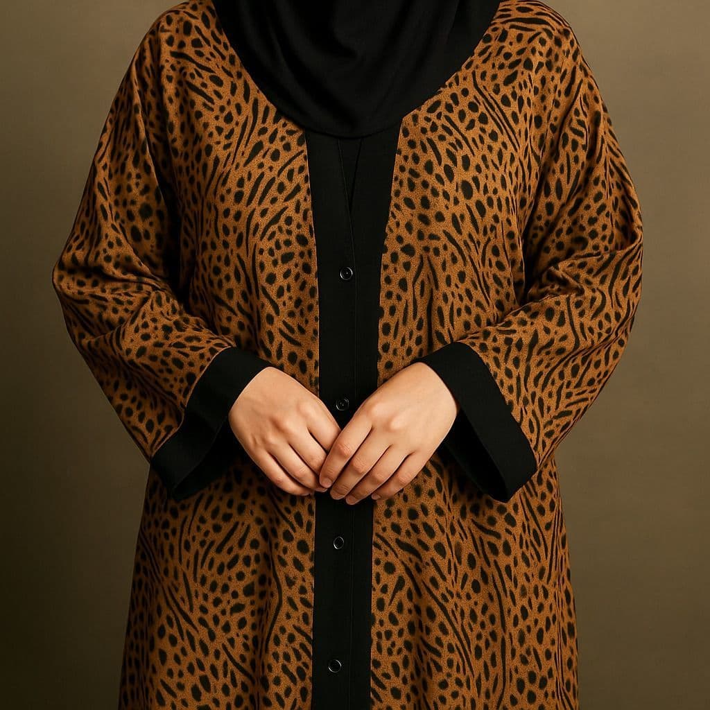 Leopard Print Brown Abaya for Women – Stylish Front Open Abaya with Black Border | Modest Muslim Dress | Latest Pakistani Abaya image 3