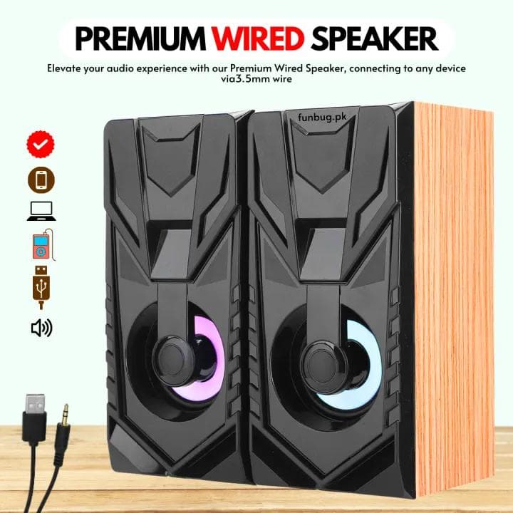 FunBug Super-Quality Wooden Speaker for PC & Laptop - USB 3.5mm Wired MultiMedia RGB Dual Gaming Speakers SoundBox for Computer, Games, Desktop, Home, Office, LCD, Mobile, LED TV with Bass Woofer & Stereo Acoustic Big Sound Base image 1