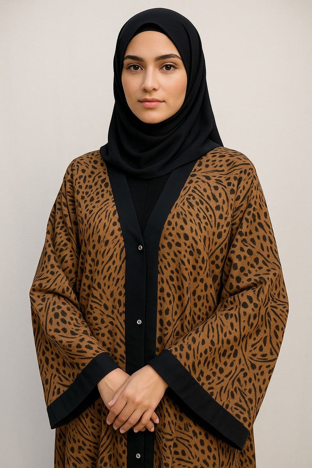 Leopard Print Brown Abaya for Women – Stylish Front Open Abaya with Black Border | Modest Muslim Dress | Latest Pakistani Abaya image 1