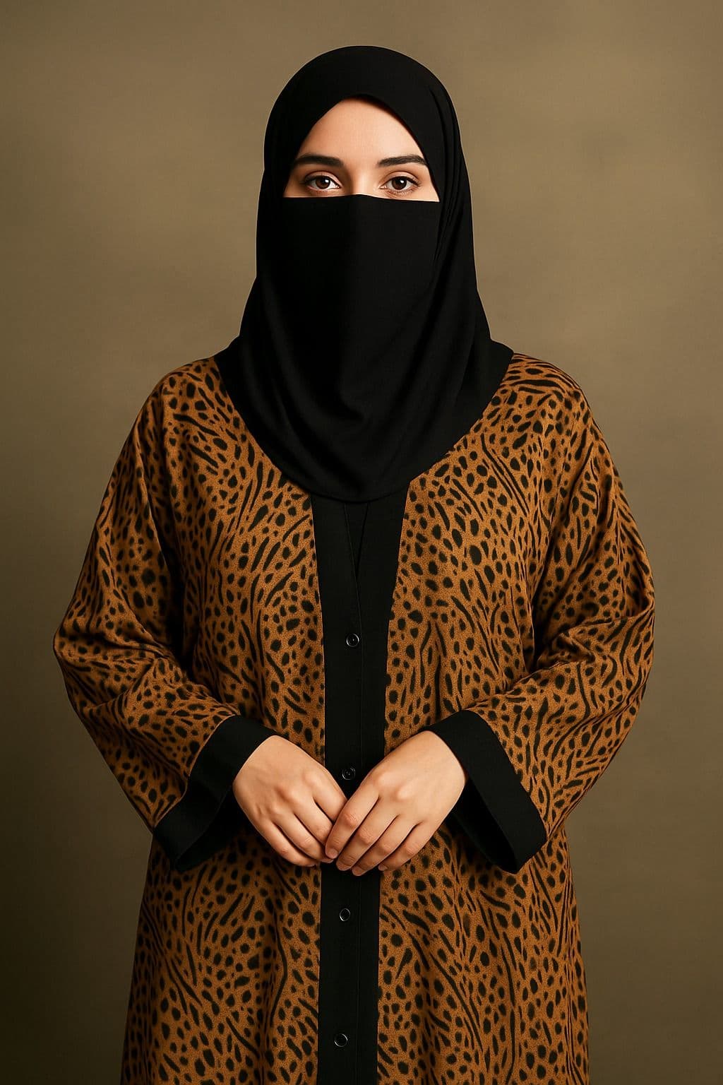 Leopard Print Brown Abaya for Women – Stylish Front Open Abaya with Black Border | Modest Muslim Dress | Latest Pakistani Abaya image 2