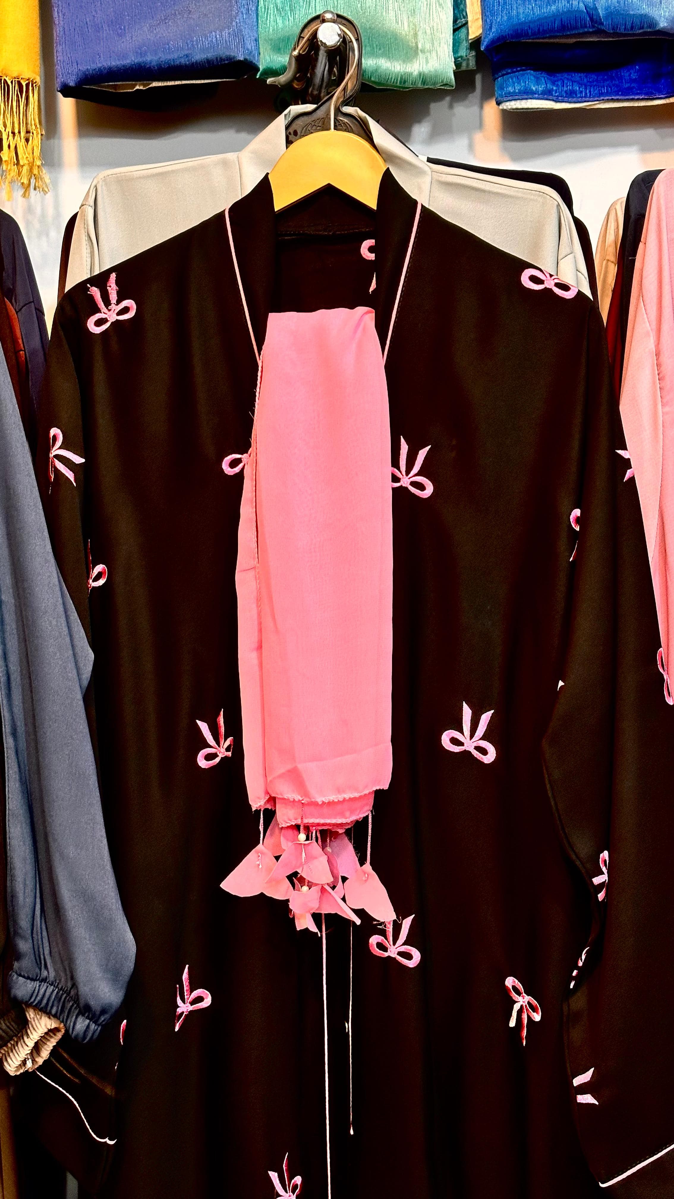 Women's Black Abaya with Pink Bow Embroidery and Matching Scarf – Stylish and Elegant image 4
