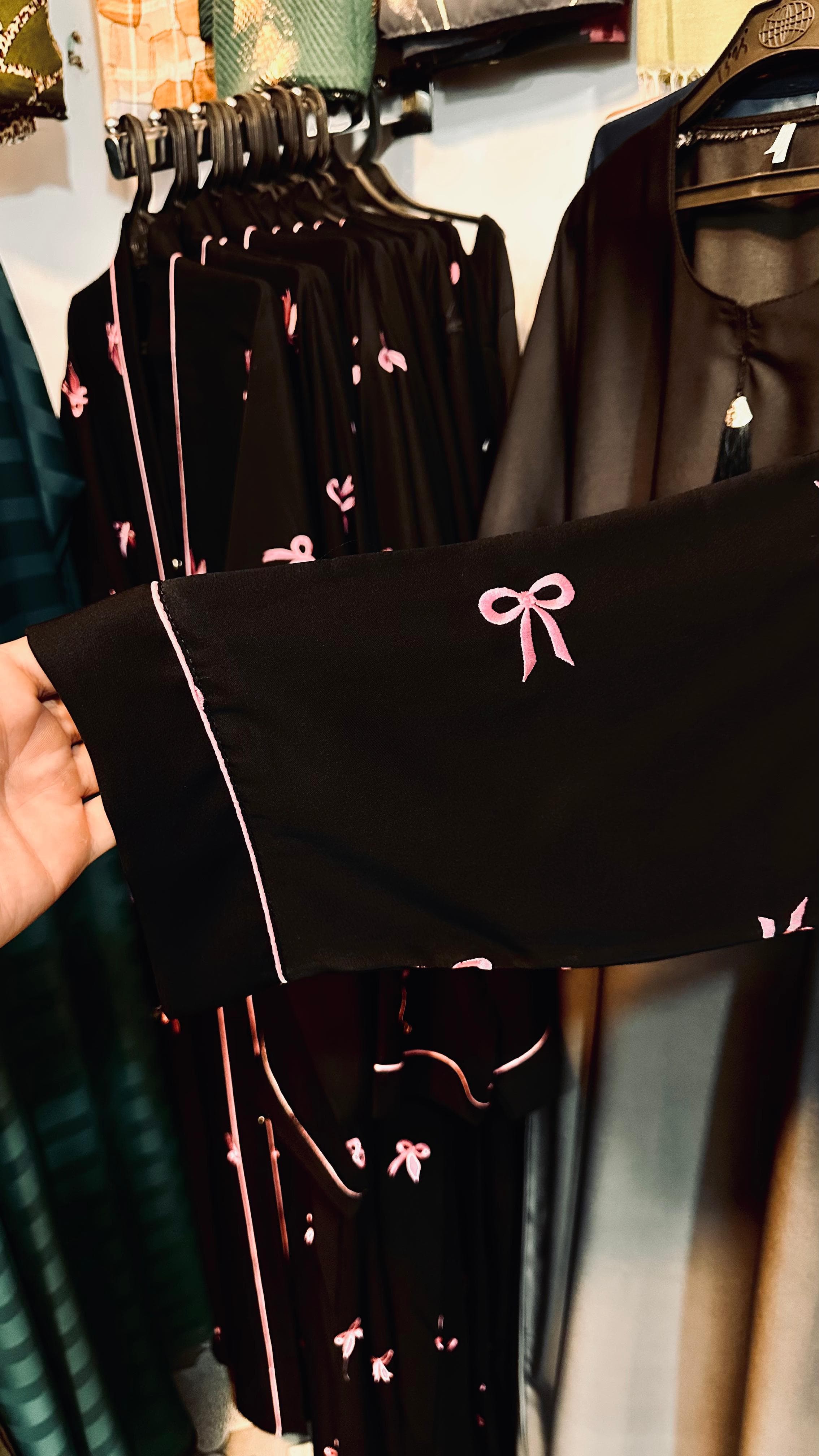 Women's Black Abaya with Pink Bow Embroidery and Matching Scarf – Stylish and Elegant image 1